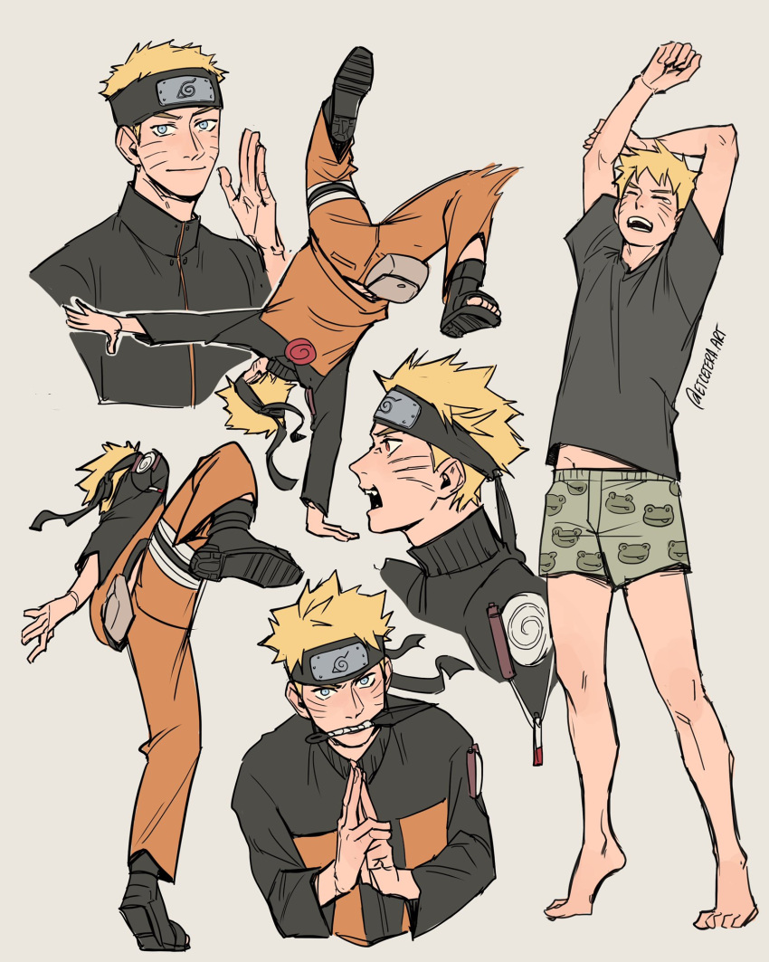 1boy alternate_hairstyle animal_print black_shirt blonde_hair blue_eyes blush casual collage cropped_torso etceteraart facial_mark forehead_protector frog_print full_body grey_male_underwear hand_gesture highres kunai looking_at_viewer male_focus male_underwear naruto:_the_last naruto_(series) ninja no_pants orange_pants pants print_male_underwear shirt short_hair stretching underwear uzumaki_naruto weapon whisker_markings