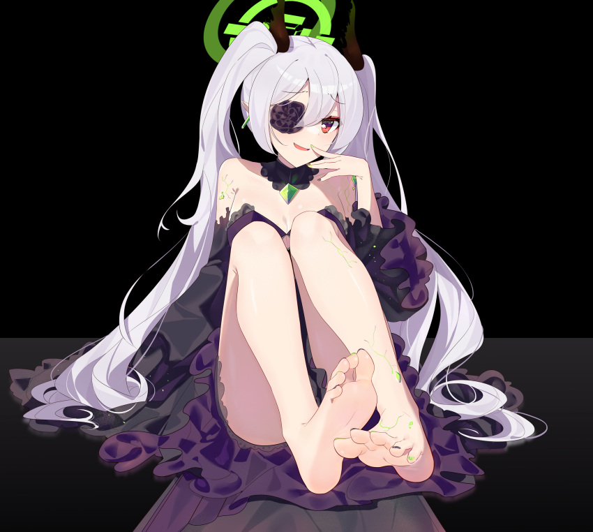 arya_crystal ass bare_legs barefoot chinese_commentary commentary ddt_(darktrident) dress feet female highres long_hair looking_at_viewer nail_polish original purple_eyes sitting smile soles solo toenail_polish toenails touhou touhou_ayaria_epic twintails white_hair