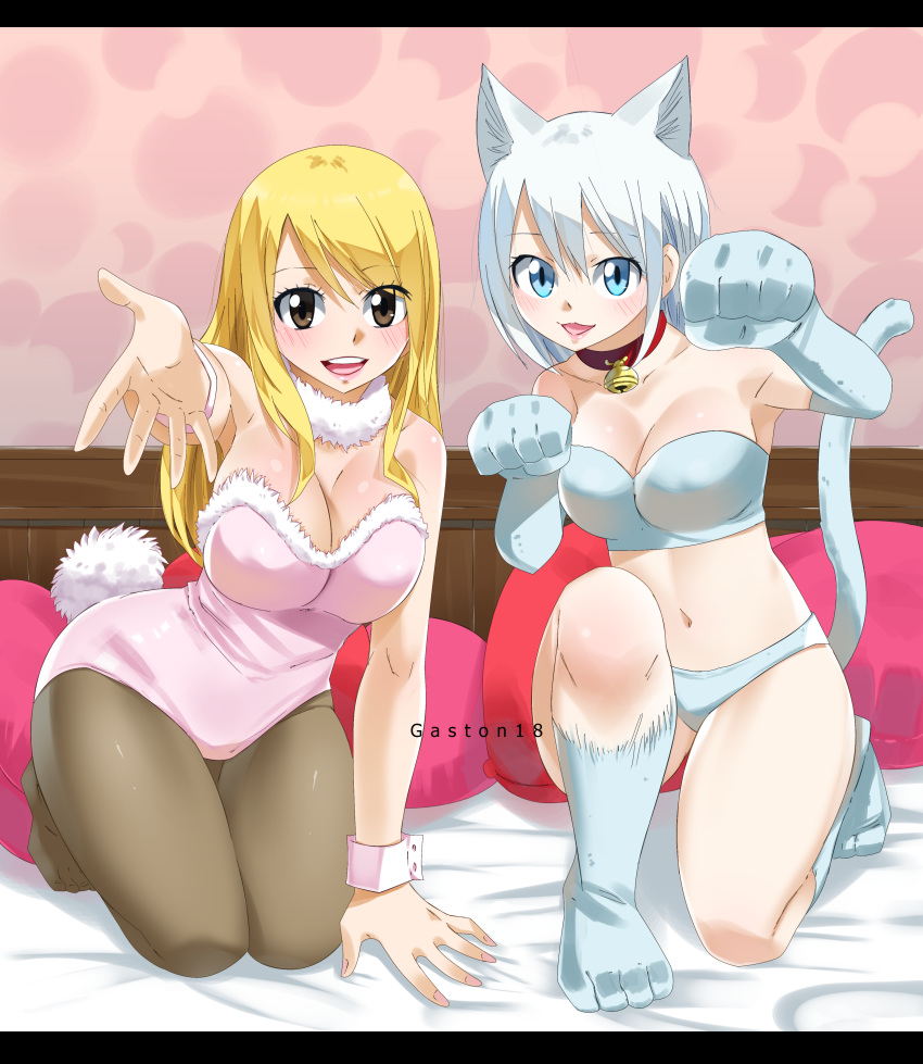 2girls absurdres animal_ears arm_support artist_name bare_shoulders bed bell blonde_hair blue_eyes blush breasts brown_eyes cat_ears cat_girl cat_tail cleavage collar derivative_work eyes_visible_through_hair fairy_tail full_body gaston18 hair_between_eyes highres kneeling large_breasts leotard lisanna_strauss looking_at_viewer lucy_heartfilia medium_hair multiple_girls neck_bell on_bed open_mouth pantyhose paw_pose short_hair sleeveless smile tail teeth tongue watermark white_hair wrist_cuffs