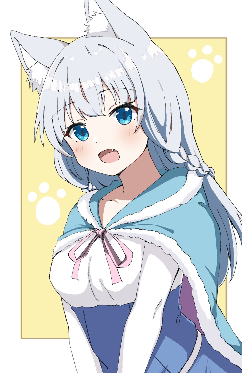 :o animal_ear_fluff animal_ears aqua_cape blue_cape blue_eyes blush braid breasts cape dress eyelashes female fur-trimmed_cape fur_trim grey_hair highres jmsleo kemonomichi long_hair long_sleeves medium_breasts multicolored_clothes multicolored_dress multiple_braids oerba_yun_fang open_mouth paw_print paw_print_background pink_ribbon ribbon shigure_(kemonomichi) simple_background solo tongue upper_body white_sleeves wolf_ears yellow_background