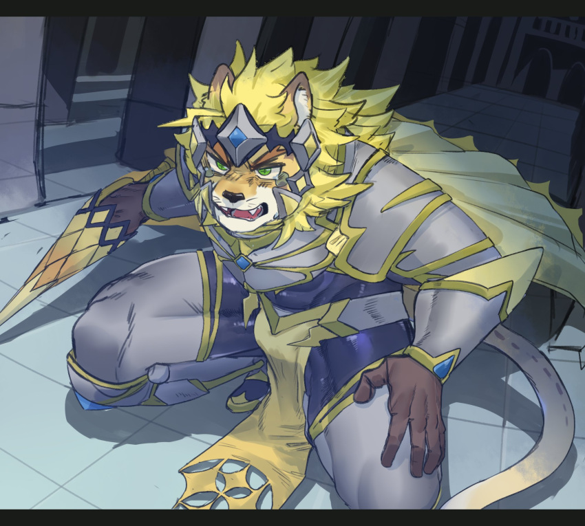 anthro armor blonde_hair crouching felid fur hair hi_res knight kzy_r9877 lifewonders lion live_a_hero male mammal mane mane_hair melee_weapon pantherine rutilix_(live_a_hero) solo sword warrior weapon yellow_body yellow_fur