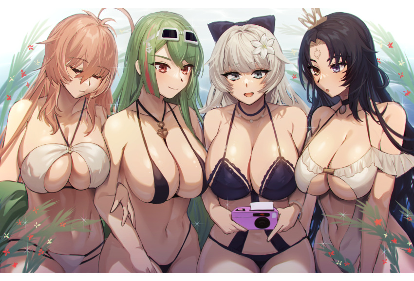 4girls :d :o ahoge alternate_costume anchor_necklace azur_lane bare_shoulders bikini black_bikini black_choker black_hair blue_eyes bow breasts brown_hair camera choker cleavage closed_eyes closed_mouth clothing_cutout collarbone commentary_request commission cowboy_shot crown eyewear_on_head facial_mark flower forehead_mark green_hair grey-framed_eyewear grey_eyes grey_hair group_picture hair_between_eyes hair_flower hair_ornament hairbow halterneck heterochromia highres holding holding_camera impero_(azur_lane) jewelry large_breasts littorio_(azur_lane) littorio_(the_glory_of_naples)_(azur_lane) long_hair looking_at_viewer looking_down maitei_roppa mini_crown multicolored_hair multiple_girls navel necklace official_alternate_costume one-piece_swimsuit open_mouth parted_lips pixiv_commission purple_bikini purple_bow red_eyes red_hair roma_(azur_lane) sideboob sidelocks sitting sleeping smile stomach streaked_hair sunglasses swimsuit underboob underboob_cutout very_long_hair vittorio_veneto_(azur_lane) vittorio_veneto_(the_flower_of_la_spezia)_(azur_lane) white_bikini white_one-piece_swimsuit yellow_eyes