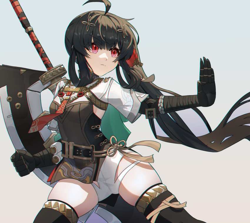 absurdres ahoge black_hair black_thighhighs china_dress chinese_clothes closed_mouth dress female hair_ornament highres huge_weapon kongbai_huanxiang long_hair mechanical_arms necktie pulao:_dragontoll_(punishing:_gray_raven) pulao_(punishing:_gray_raven) punishing:_gray_raven red_eyes red_necktie short_sleeves solo thighhighs thighs weapon