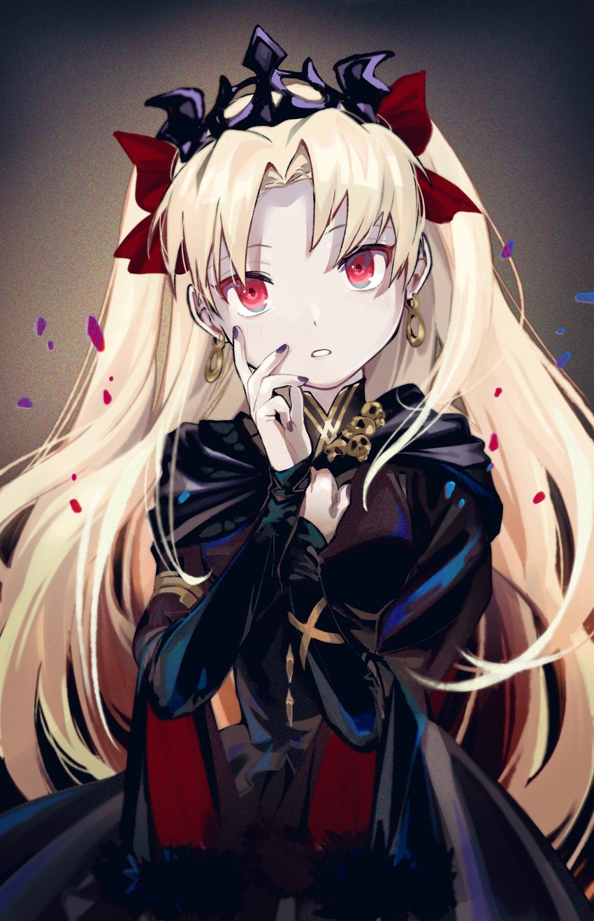 black_dress black_nails blonde_hair bow dress earrings ereshkigal_(fate) ereshkigal_(third_ascension)_(fate) fate/grand_order fate_(series) female fur-trimmed_sleeves fur_trim gold_trim gradient_background hairbow hand_on_own_cheek hand_on_own_chest hand_on_own_face hands_up head_tilt highres hoop_earrings ieiieiiei infinity_symbol jewelry layered_sleeves long_hair long_sleeves looking_at_viewer nail_polish parted_bangs parted_lips red_bow red_eyes skull skull_ornament solo standing tiara two-sided_fabric two_side_up upper_body very_long_hair