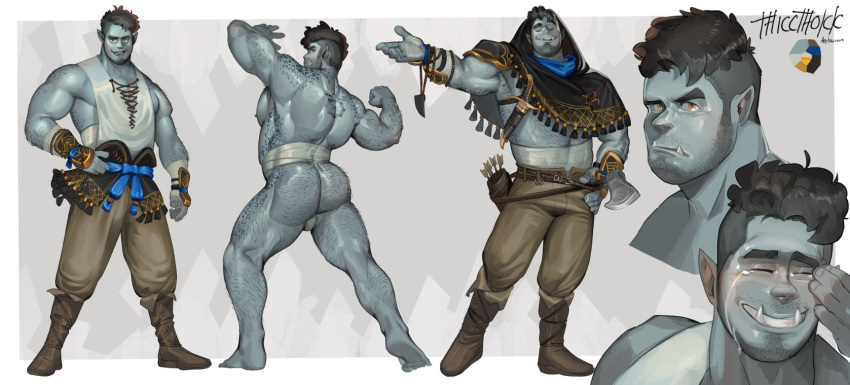 1boy alternate_costume arm_hair armpit_hair armpit_hair_peek armpit_peek arrow_(projectile) ass ass_hair axe back_hair back_tattoo baggy_pants bandaged_arm bandages bara beard beard_stubble biceps black_hair blue_skin blush body_freckles boots brown_footwear bulge_peek chivo_(kalchivo) clenched_hand closed_eyes colored_skin commission covered_abs cropped_shoulders cross-laced_slit dagger facial_hair facing_viewer flexing flexing_ass freckles from_behind frown full_body grey_skin grin hairy happy_tears highres holding holding_axe hood hood_up huge_ass knife large_pectorals leather leather_boots leg_hair legs_apart loincloth looking_at_viewer looking_to_the_side male_focus mature_male midriff_sarashi monster_boy multiple_views muscular muscular_male mustache_stubble open_mouth orc original outstretched_arm outstretched_arms pants pectoral_cleavage pectorals plump pointy_ears quiver raised_eyebrow sarashi second-party_source sheath sheathed shirt short_hair sidepec sleeveless sleeveless_shirt smile smug spread_arms strongman_waist stubble tattoo tears thicc_thokk_(jpsr388) thick_eyebrows thick_neck thick_thighs thighs topless_male tusks u_u undercut underwear underwear_only vambraces weapon white_background white_shirt wiping_tears