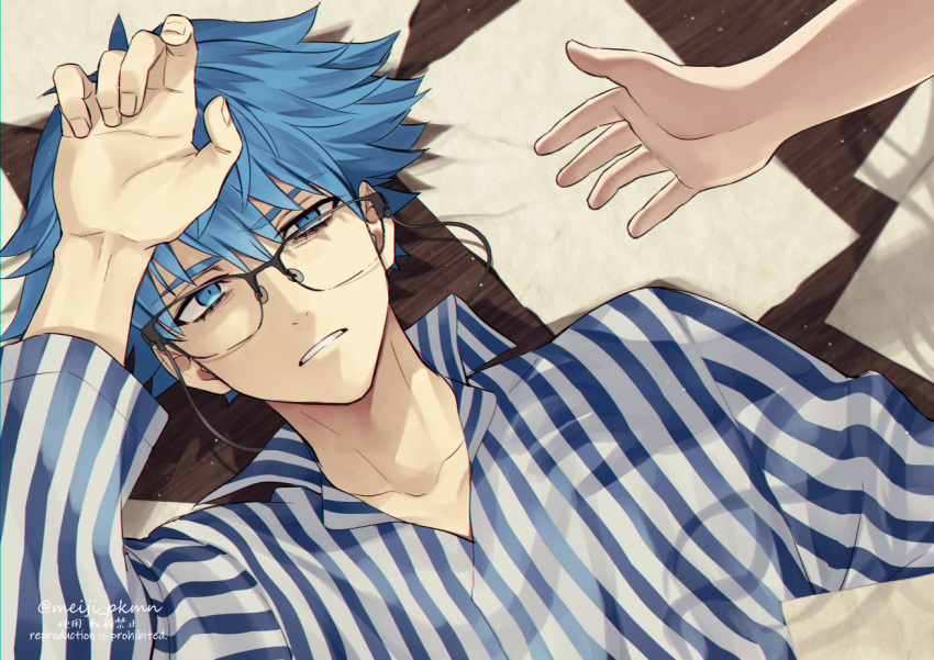 1boy aged_up blue_eyes blue_hair blue_shirt eyewear_strap fate/grand_order fate_(series) female glasses hans_christian_andersen_(adult)_(fate) hans_christian_andersen_(fate) long_sleeves lying meiji_ken on_back out_of_frame sessyoin_kiara sessyoin_kiara_(lily) shirt short_hair solo_focus striped_clothes striped_shirt vertical-striped_clothes vertical-striped_shirt