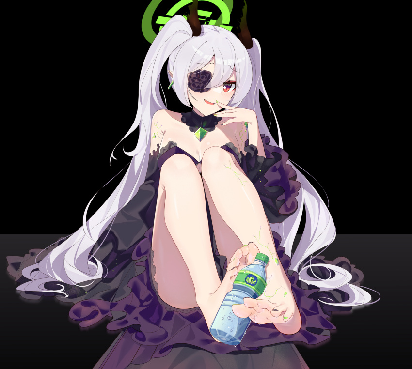 arya_crystal ass bare_legs barefoot chinese_commentary commentary ddt_(darktrident) dress feet female highres long_hair looking_at_viewer nail_polish original purple_eyes sitting smile soles solo toenail_polish toenails touhou touhou_ayaria_epic twintails white_hair