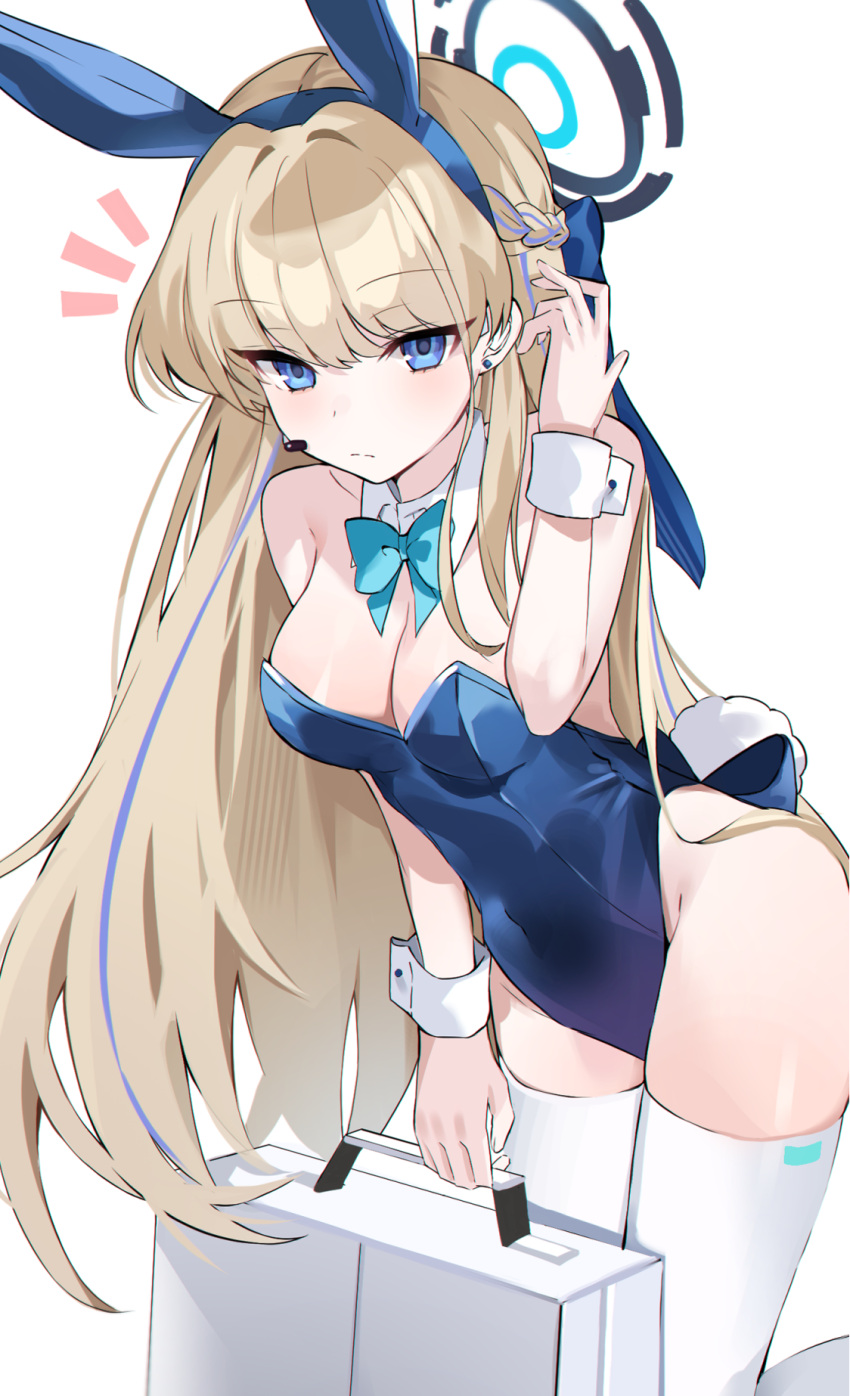 animal_ears bare_arms bare_shoulders blonde_hair blue_archive blue_bow blue_eyes blue_hairband blue_halo blue_leotard bow bowtie braid breasts case cleavage closed_mouth covered_navel detached_collar earpiece earrings expressionless fake_animal_ears fake_tail female hailiu hairband hairbow halo hand_up highleg highleg_leotard highres holding jewelry leaning_forward leg_up leotard long_hair looking_at_viewer medium_breasts multicolored_hair notice_lines official_alternate_costume playboy_bunny rabbit_ears rabbit_tail simple_background solo standing strapless strapless_leotard streaked_hair stud_earrings tail thighhighs thighs toki_(blue_archive) toki_(bunny)_(blue_archive) very_long_hair white_background white_thighhighs wrist_cuffs