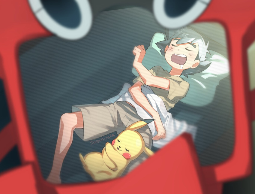 1boy artist_name black_hair closed_eyes commentary_request couch drooling head_on_pillow highres indoors lying male_focus on_back open_mouth pikachu pillow pokemon pokemon_(anime) pokemon_(creature) pokemon_sm_(anime) rotom rotom_dex saliva satoshi_(pokemon) seboniruca shirt short_sleeves shorts sleeping spread_legs t-shirt teeth