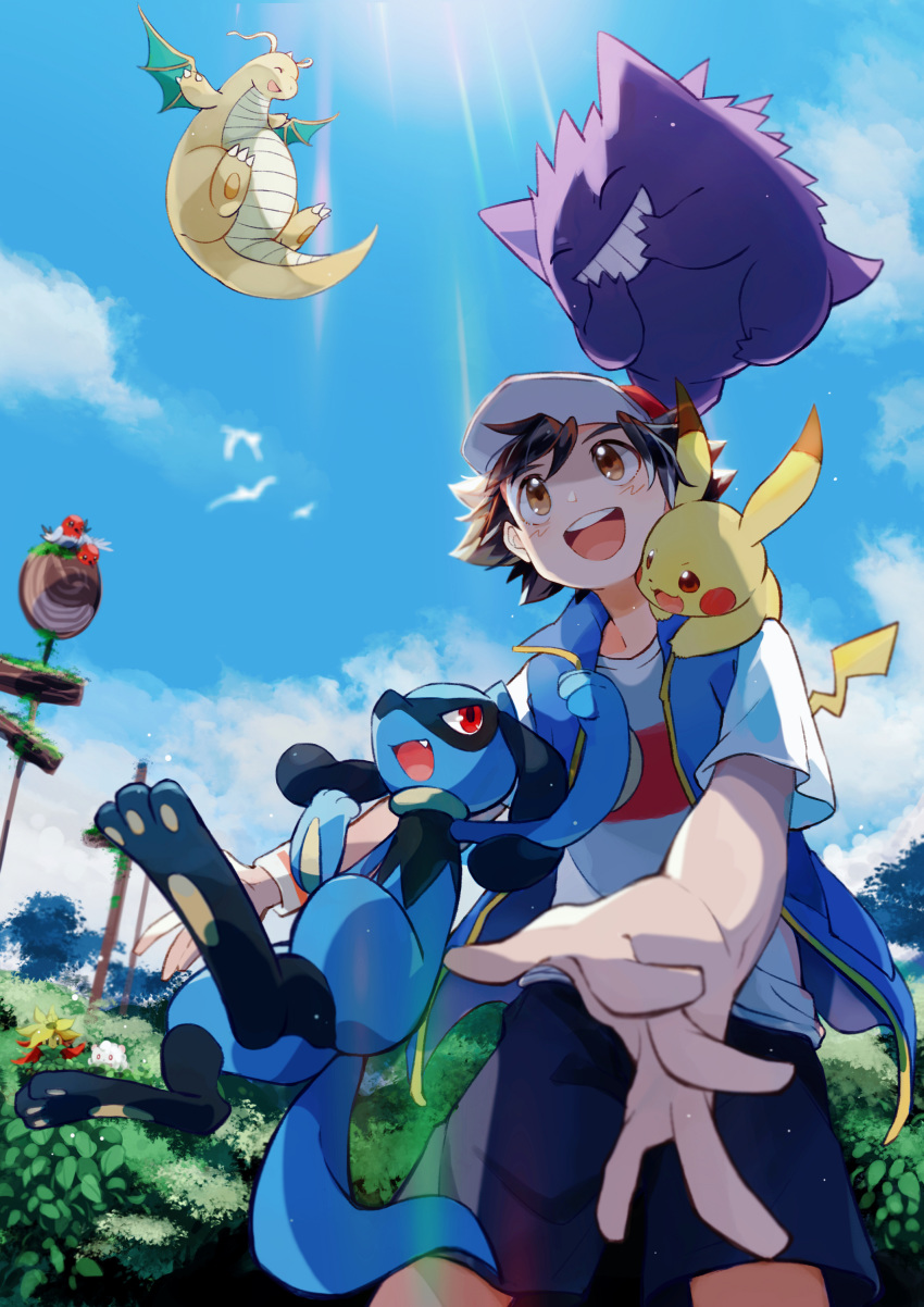 1boy :d absurdres baseball_cap black_hair brown_eyes cloud commentary_request day dragonite fletchling from_below gengar gossifleur happy hat highres light_blush light_rays on_shoulder open_mouth outdoors pikachu pokemon pokemon_(anime) pokemon_(creature) pokemon_journeys pokemon_on_shoulder riolu satoshi_(pokemon) shirt shorts sky smile spread_fingers sunbeam sunlight swirlix teeth tongue upper_teeth_only white_shirt wristband xue_ezi