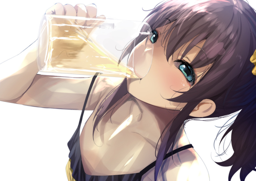 ahoge bad_id bad_twitter_id blue_eyes blush brown_hair cup drinking drinking_pee female fumihiko_(fu_mihi_ko) hair_between_eyes holding holding_cup hololive looking_at_viewer mug natsuiro_matsuri natsuiro_matsuri_(matsuri's_day_off) pee_in_container side_ponytail simple_background solo spaghetti_strap stray_pubic_hair urine virtual_youtuber white_background