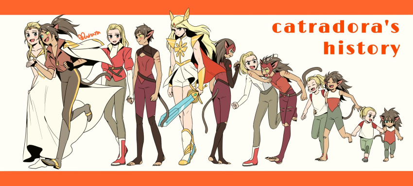 2girls adora_(she-ra) age_progression animal_ears arm_around_waist bad_id bad_twitter_id barefoot blonde_hair brown_hair cape cat_ears cat_girl cat_tail catra commentary couple dress english_commentary fingerless_gloves gloves heterochromia highres long_hair masters_of_the_universe multiple_girls multiple_persona murata_(igaratara) ponytail she-ra she-ra_and_the_princesses_of_power short_hair smile spoilers sword tail tiara toeless_legwear weapon winged_hair_ornament yuri