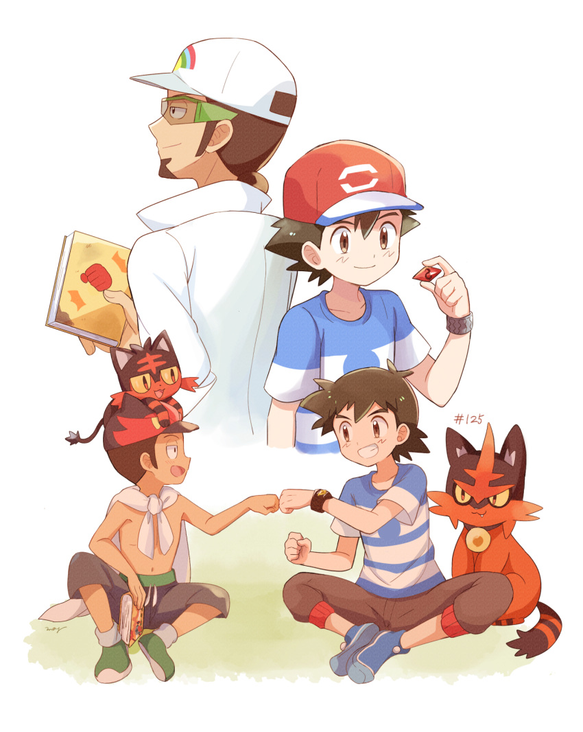 2boys baseball_cap black_hair blue_footwear book brown_eyes brown_hair brown_pants eye_contact fist_bump gen_7_pokemon green_footwear grin hat highres holding holding_book indian_style kukui_(pokemon) litten looking_at_another mei_(maysroom) multiple_boys multiple_views on_head open_mouth pants pokemon pokemon_(anime) pokemon_(creature) pokemon_on_head pokemon_sm125 pokemon_sm_(anime) satoshi_(pokemon) shirt sitting smile spiked_hair striped striped_shirt tagme tied_shirt torracat upper_body younger z-ring