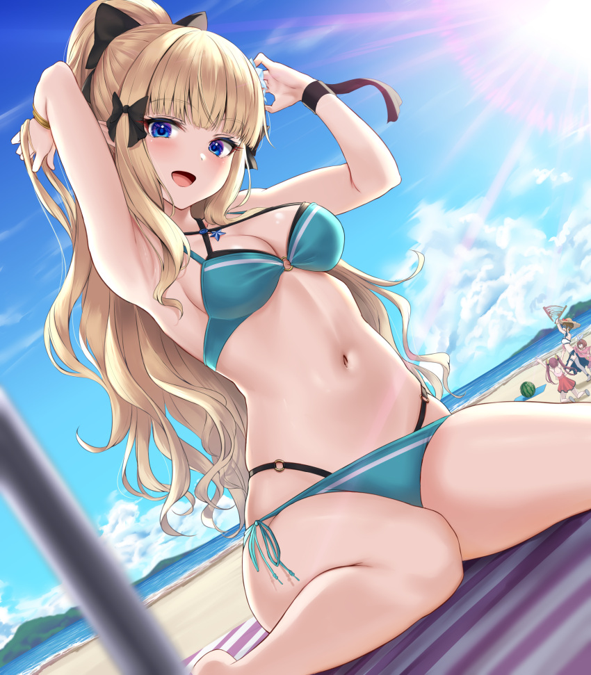 4girls :d absurdres armpits arms_up ayane_(princess_connect!) bare_arms bare_shoulders beach beach_mat bikini black_bikini black_bow black_ribbon blindfold blonde_hair blue_bikini blue_eyes blue_sky blunt_bangs blurry blurry_foreground bow breasts cleavage cloud commentary criss-cross_halter day depth_of_field dutch_angle food fruit hair_up hairbow halterneck hat high_ponytail highleg highleg_bikini highres kurumi_(princess_connect!) layered_bikini light_rays long_hair looking_at_viewer medium_breasts multiple_girls navel o-ring o-ring_bikini o-ring_bottom o-ring_top official_alternate_costume open_mouth outdoors pointy_ears ponytail princess_connect! rama_(yu-light8) ribbon saren_(princess_connect!) saren_(summer)_(princess_connect!) side-tie_bikini_bottom sidelocks sitting sky smile solo_focus stomach straw_hat string_bikini suikawari sun sun_hat sunbeam sunlight suzume_(princess_connect!) suzume_(summer)_(princess_connect!) swimsuit thighs very_long_hair wariza watermelon