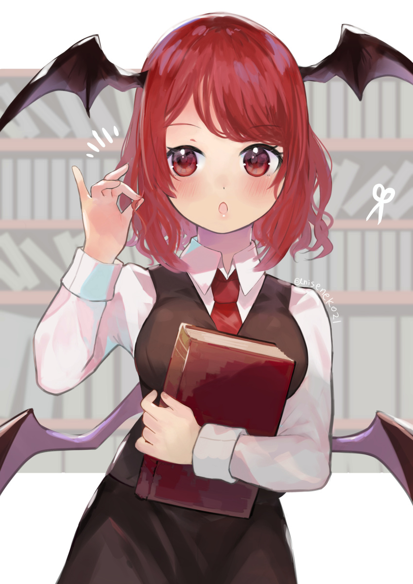 :o absurdres bat_wings black_skirt black_vest bob_cut book bookshelf breasts commentary cowboy_shot female hand_up head_wings highres holding holding_book holding_own_hair indoors koakuma long_sleeves looking_at_viewer looking_to_the_side medium_breasts medium_hair necktie niseneko_(mofumofu_ga_ienai) open_mouth red_eyes red_hair red_necktie skirt solo swept_bangs touhou vest wing_collar wings