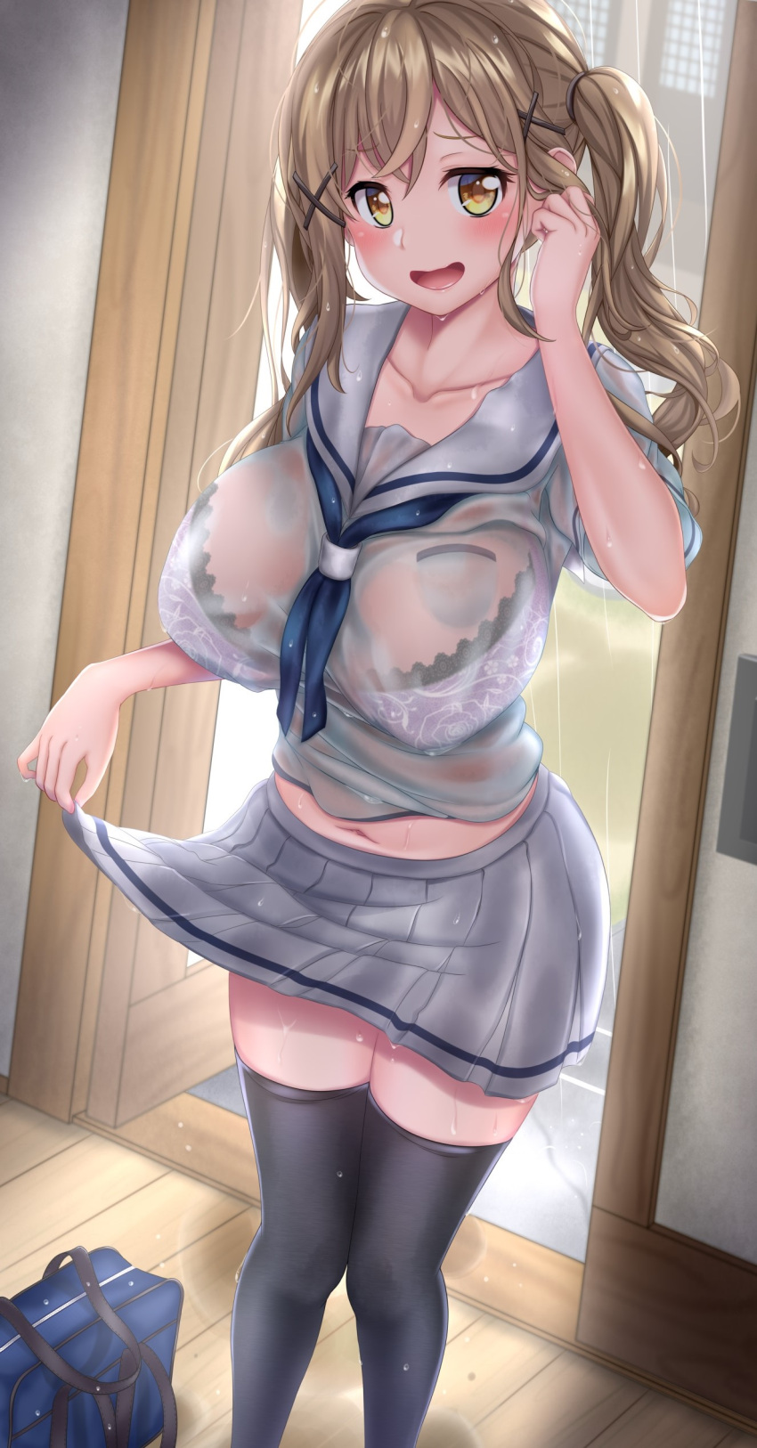 :d absurdres adjusting_hair bag bang_dream! black_thighhighs blonde_hair blue_neckerchief blush bra bra_visible_through_clothes breasts collarbone door doorway embarrassed feet_out_of_frame female hair_ornament hair_tie hanasakigawa_school_uniform hand_in_own_hair highres ichigaya_arisa indoors lace-trimmed_bra lace_trim large_breasts light_brown_hair long_hair looking_at_viewer miniskirt navel neckerchief neckerchief_between_breasts open_door open_mouth orange_eyes pleated_skirt purple_bra rain sailor_collar school_bag school_uniform see-through see-through_shirt serafuku shirt short_sleeves sidelocks sinn skirt skirt_hold smile standing stomach thighhighs thighs tucking_hair twintails underwear upturned_eyes wet wet_clothes wet_hair wet_legwear wet_shirt wet_skirt white_shirt white_skirt x_hair_ornament