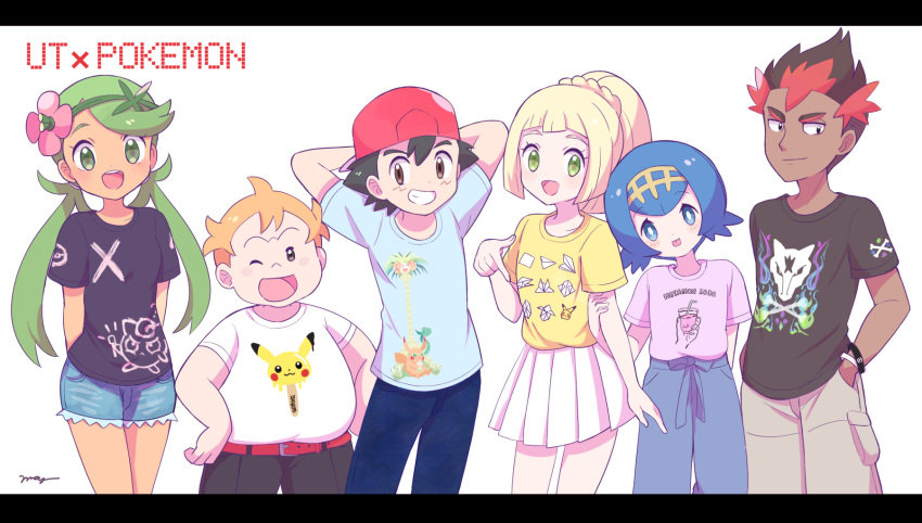 3boys 3girls alolan_exeggutor alolan_form alolan_marowak black_hair blonde_hair blue_eyes blue_hair brown_eyes casual character_print dark_skin dark_skinned_male ditto fashion gen_1_pokemon gen_7_pokemon green_eyes green_hair highres jigglypuff kaki_(pokemon) lillie_(pokemon) mamane_(pokemon) mao_(pokemon) mei_(maysroom) multicolored_hair multiple_boys multiple_girls orange_hair pikachu pokemon pokemon_(anime) pokemon_(creature) pokemon_sm_(anime) satoshi_(pokemon) shirt shorts suiren_(pokemon) t-shirt trial_captain uniqlo