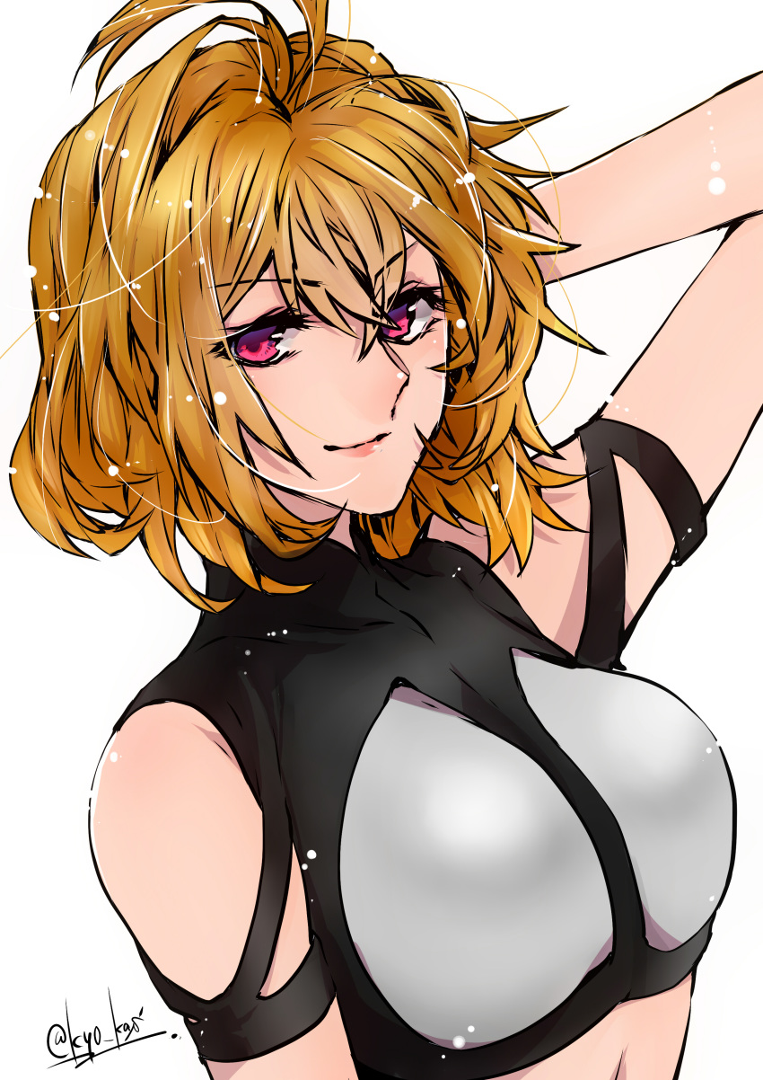 absurdres angelise_ikaruga_misurugi arm_behind_head blonde_hair breasts commentary_request cowlick cross_ange female hair_between_eyes highres huxoran77 looking_to_the_side medium_breasts painttool_sai_(medium) pink_eyes simple_background solo twitter_username v-shaped_eyebrows white_background