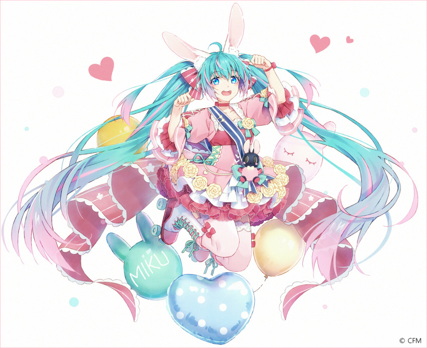 :d ahoge animal_ear_fluff animal_ears aqua_hair arm_up balloon blue_eyes boots bow character_name commentary copyright_notice cross-laced_footwear dress female flower full_body gradient_hair hairbow hakusai_(tiahszld) hand_up hatsune_miku heart heart_balloon lace-up_boots long_hair looking_at_viewer midair multicolored_hair official_alternate_costume official_art open_mouth paw_pose pink_dress pink_hair puffy_short_sleeves puffy_sleeves rabbit_ears red_bow revision roller_skates rose round_teeth sash short_sleeves shoulder_sash skates smile solo striped striped_bow teeth thighhighs thighhighs_under_boots twintails upper_teeth_only very_long_hair vocaloid white_background white_footwear white_thighhighs yellow_flower yellow_rose