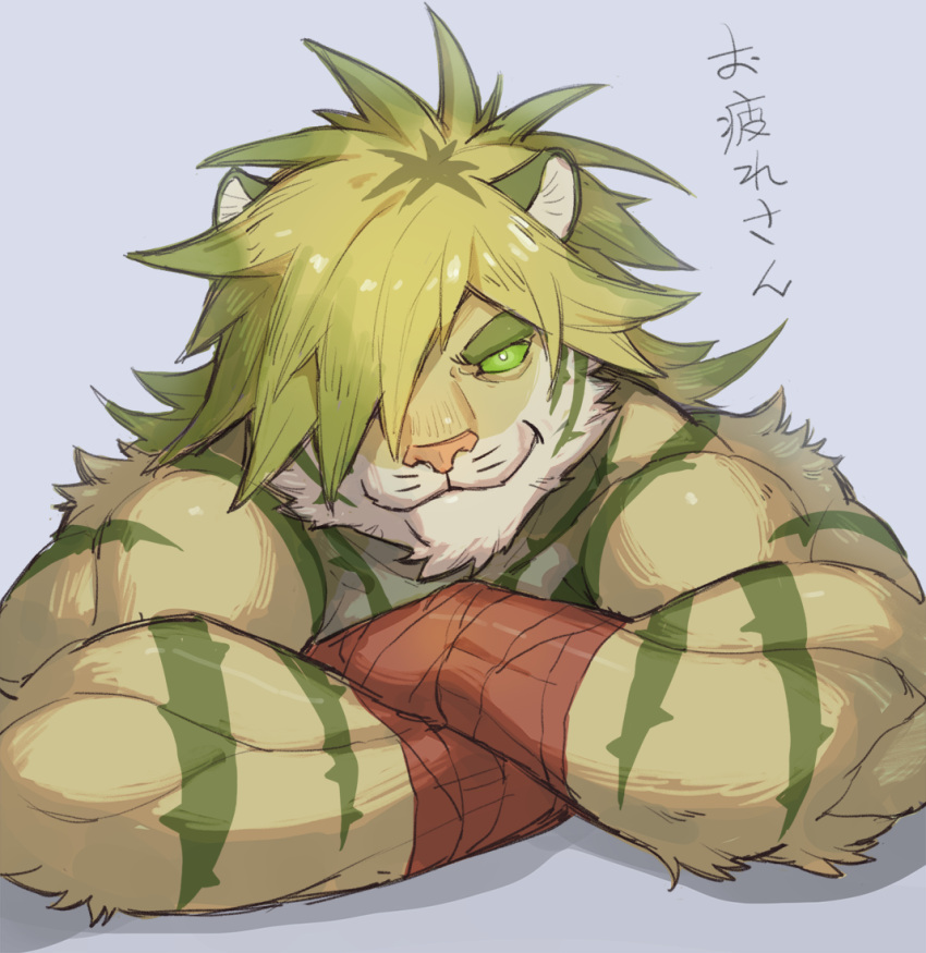 1boy animal_ears bandages bara bare_arms bare_shoulders blonde_hair colored_sclera commentary_request furry furry_male green_sclera looking_at_viewer macan_(housamo) male_focus medium_hair muscular muscular_male one_eye_covered smile solo tattoo thick_eyebrows tiger_boy tiger_ears tokyo_afterschool_summoners translated tribal_tattoo uori upper_body yellow_fur