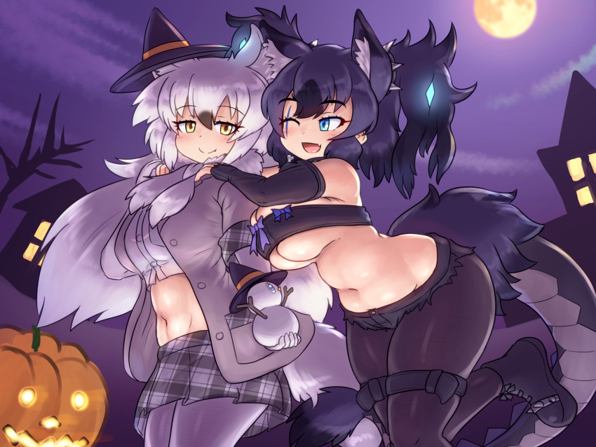 2girls animal_ear_fluff animal_ears aqua_eyes arctic_wolf_(kemono_friends) arm_at_side arms_around_neck arms_up bare_shoulders belly big_hair black_hair bow breasts cerberus_(kemono_friends) closed_mouth crop_top curvy cutoffs dog_ears ear_ornament elbow_gloves extra_ears fang_out fingerless_gloves foot_up full_moon fur_scarf gloves glowing glowing_hair hair_between_eyes halloween hand_up hat highres holding hug hug_from_behind huge_breasts jack-o'-lantern jacket kemono_friends leaning_forward lizard_tail long_hair long_sleeves looking_at_another lowleg lowleg_shorts midriff mini_hat mini_witch_hat miniskirt mo23 moon multicolored_hair multiple_girls navel night night_sky oerba_yun_fang one_eye_closed open_clothes open_jacket open_mouth outdoors pantyhose pantyhose_under_shorts plaid plaid_skirt pumpkin purple_hair purple_sky scar scar_across_eye scar_on_face scarf shoes short_shorts shorts skin_fang skindentation skirt sky smile snowman standing standing_on_one_leg stomach strapless tail thick_thighs thighs tube_top two_side_up very_long_hair white_hair witch_hat wolf_ears wolf_girl wolf_tail yellow_eyes