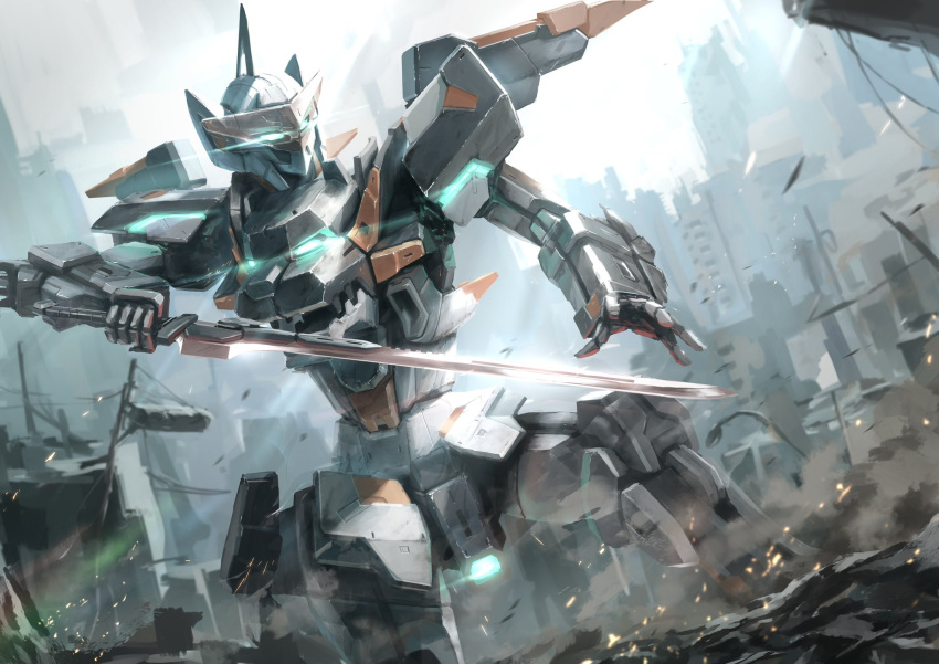 blue_eyes city code_beast embers glowing glowing_eyes highres holding holding_sword holding_weapon hundred_edge mecha no_humans on_one_knee open_hand robot science_fiction smoke solo sword takuan_(a_mood_home) v-fin weapon