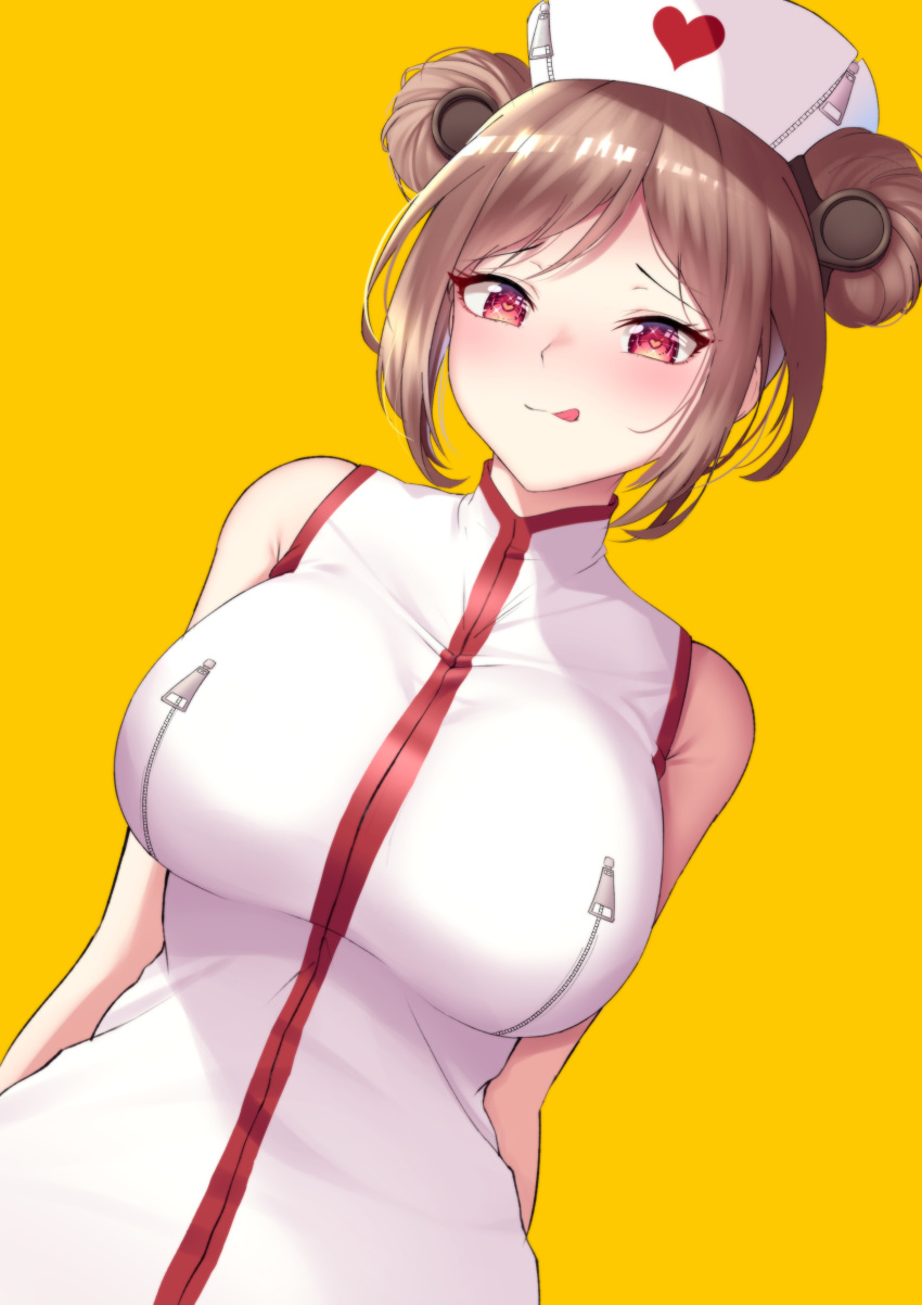 :q absurdres arms_at_sides arms_behind_back bare_shoulders blush breasts brown_hair closed_mouth dearonnus double_bun dress dutch_angle eyelashes female girls'_frontline hair_bun hat heart heart-shaped_pupils highres large_breasts licking_lips looking_at_viewer naughty_face nurse nurse_cap p90_(girls'_frontline) paid_reward parted_bangs parted_lips patreon_reward red_eyes short_hair sidelocks simple_background sleeveless sleeveless_dress smile solo standing symbol-shaped_pupils tongue tongue_out turtleneck upper_body white_dress yellow_background zipper zipper_pull_tab