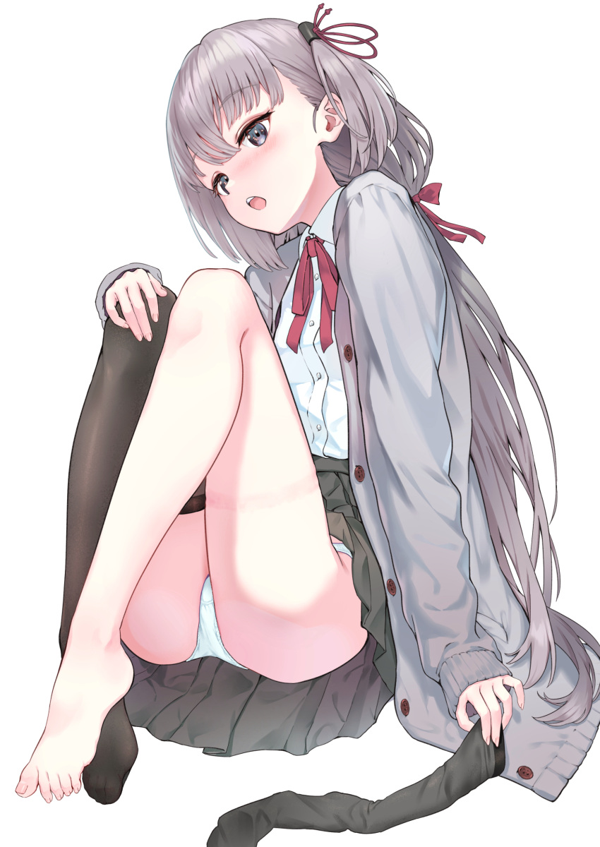 arm_support ass bangs barefoot black_legwear black_skirt blush cardigan crossed_bangs eyelashes feet female full_body grey_cardigan grey_eyes grey_hair hair_ribbon hand_on_own_knee highres legs legwear_removed long_hair looking_at_viewer low_twintails namikishiho no_shoes one_side_up original panties pantyshot pleated_skirt ribbon school_uniform shiny shiny_hair shirt single_thighhigh sitting skirt sleeves_past_wrists solo thighhighs thighs toes twintails underwear white_panties white_shirt