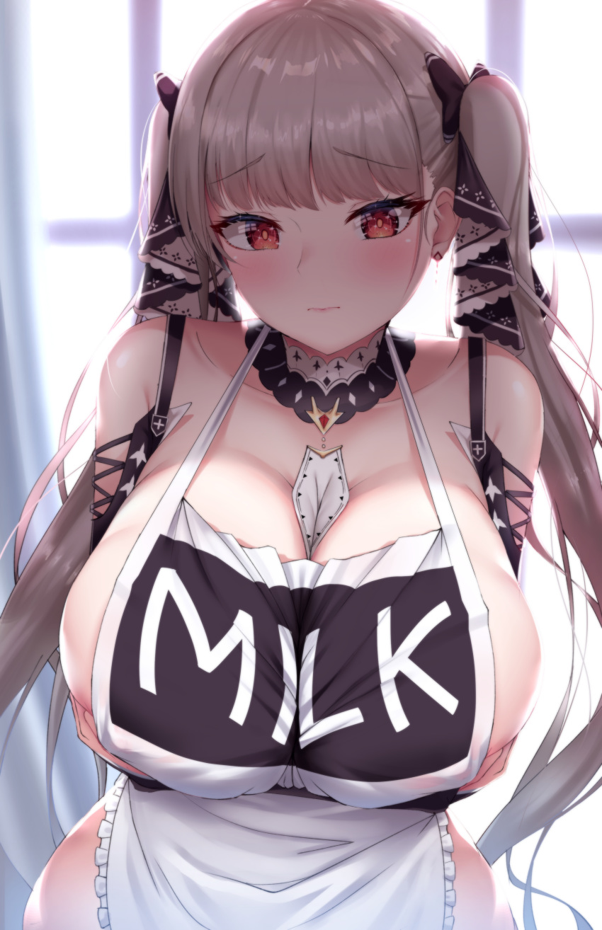 absurdres apron arms_under_breasts azur_lane bare_shoulders between_breasts black_sleeves blunt_bangs blush breast_hold breasts cleavage closed_mouth clothes_writing collarbone covered_nipples crossed_arms curtains day dearonnus deep_skin detached_sleeves earrings eyelashes female formidable_(azur_lane) frills grey_hair hair_ribbon highres huge_breasts indoors jewelry long_hair long_sleeves looking_at_viewer naked_apron paid_reward patreon_reward red_eyes ribbon sidelocks solo standing twintails two-tone_ribbon very_long_hair window