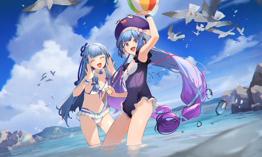 2girls ^_^ alternate_costume arm_up armpits ball beachball bikini bird blue_eyes blue_hair blue_ribbon blue_sky blunt_bangs choker chromatic_aberration closed_eyes cloud cloudy_sky commentary_request cumulonimbus_cloud day eel_hat floating_hair flock frilled_bikini frilled_one-piece_swimsuit frilled_wrist_cuffs frills front-tie_bikini_top front-tie_top gradient_hair hair_ornament hair_ribbon hair_rings hairclip hand_to_own_mouth highres holding holding_ball holding_beachball kotonoha_aoi light_blush long_hair low-tied_sidelocks low_twintails mountainous_horizon multicolored_hair multiple_girls ocean one-piece_swimsuit open_mouth otomachi_una otomachi_una_(talkex) outdoors pinky_out purple_hair purple_one-piece_swimsuit ribbon seabird seagull shirinda_fureiru shouting_with_hands sidelocks single_wrist_cuff sky smile standing swimsuit talkex twintails very_long_hair vocaloid voiceroid wading water water_drop white_bikini white_choker wrist_cuffs