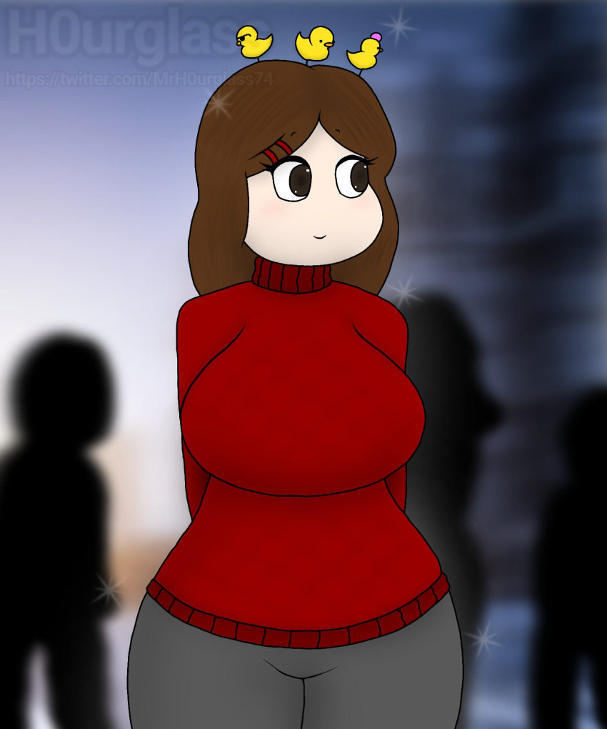 black_eyes brown_hair clothed clothed_female female female_focus female_only h0urglass_(artist) looking_right oc original_character pale-skinned_female pale_skin pants people_in_background public silhouette tammy_(h0urglass) twitter watermark white_skin white_skinned_female