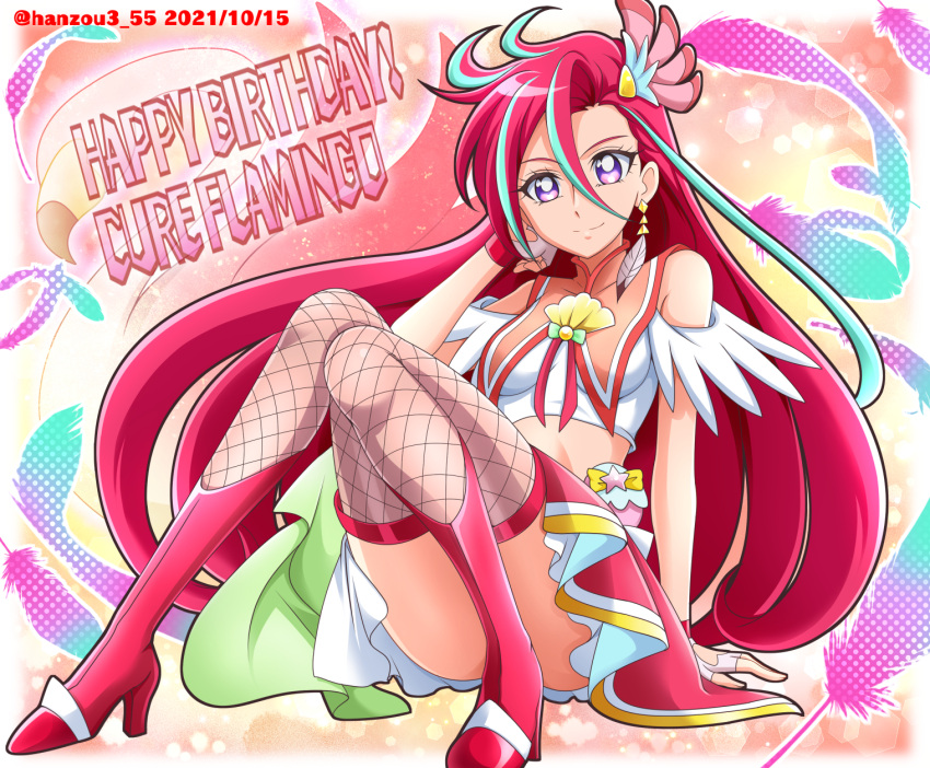 2021 blue_hair breasts character_name closed_mouth clothing_cutout collarbone cure_flamingo dated female fingerless_gloves fishnet_thighhighs fishnets floating_hair full_body gloves hair_between_eyes hair_ornament hairclip hand_in_own_hair hanzou happy_birthday heart_cutout high_heels highres layered_skirt long_hair looking_at_viewer magical_girl midriff miniskirt precure purple_eyes red_footwear red_hair sitting skirt small_breasts smile solo stomach takizawa_asuka thighhighs tropical-rouge!_precure twitter_username very_long_hair white_gloves