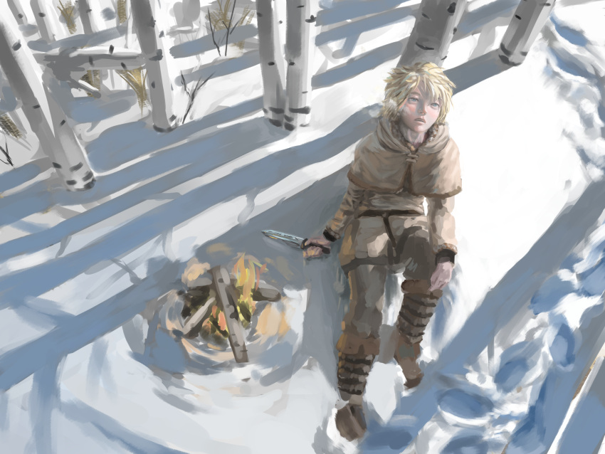 1boy blonde_hair bonfire bunolagus commentary english_commentary full_body fur_trim highres knife lying male_focus short_hair snow thorfinn tree tunic viking vinland_saga winter