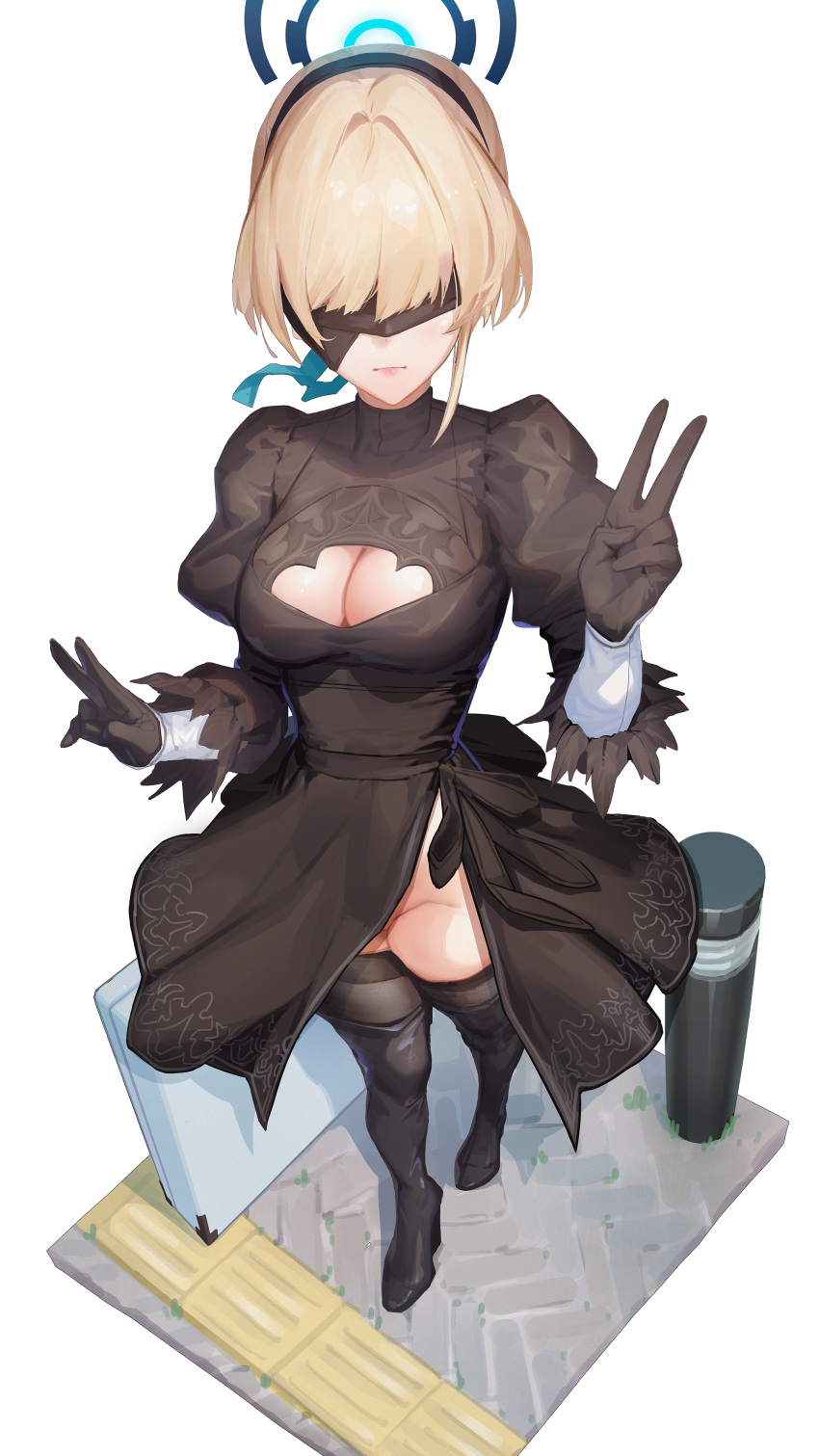 2b_(nier:automata) 2b_(nier:automata)_(cosplay) absurdres black_blindfold black_dress black_footwear black_hairband black_thighhighs blindfold blonde_hair blue_archive blue_halo boots breasts cleavage_cutout clothing_cutout cosplay covered_eyes crossover double_v dress feather-trimmed_sleeves female hairband halo highres ishikawa_yui juliet_sleeves long_sleeves medium_breasts nier:automata nier_(series) no_panties nox13 puffy_sleeves solo standing thigh_boots thighhighs thighhighs_under_boots toki_(blue_archive) v variant_set voice_actor_connection