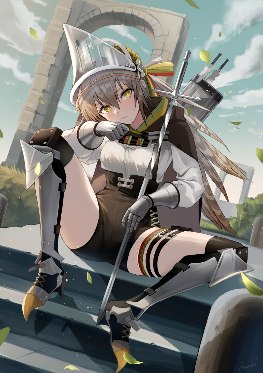 absurdres arknights beruko14 black_cape cape fartooth_(arknights) feather_hair female gauntlets grey_hair high-waist_shorts highres outdoors pouch quiver shorts sitting thigh_pouch thighs visor_(armor) yellow_eyes