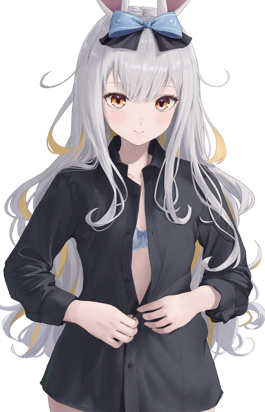 absurdres animal_ears bad_id bad_pixiv_id black_shirt blue_bra bow bra breasts brown_eyes buttoning buttons female grey_hair hairbow highres indie_virtual_youtuber long_hair messy_hair mochizuki_himari no_pants rabbit_ears rabbit_girl ribbon shirt small_breasts solo tansui_san_(tcjp4784) unbuttoned underwear upper_body virtual_youtuber