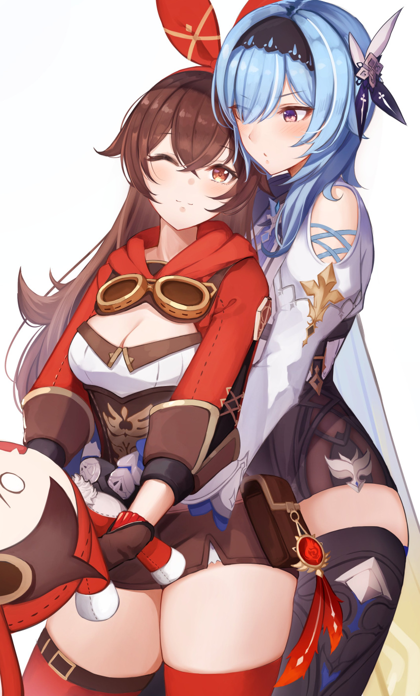 2girls absurdres amber_(genshin_impact) baron_bunny_(genshin_impact) belt black_gloves black_hairband black_leotard black_thighhighs blue_cape blue_hair blush breasts brown_eyes brown_gloves brown_hair brown_shorts cape cleavage crossed_bangs eula_(genshin_impact) genshin_impact gloves goggles hair_ornament hair_ribbon hairband highres large_breasts leotard long_hair long_sleeves looking_at_viewer medium_breasts medium_hair multiple_girls one_eye_closed pnatsu pouch purple_eyes red_ribbon ribbon short_shorts shorts shrug_(clothing) sidelocks thighhighs thighs vision_(genshin_impact) yuri