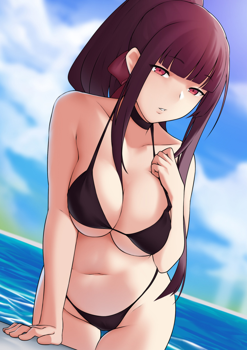 arm_support bbk_(13zk) bikini breasts choker cloud collarbone day dutch_angle female girls'_frontline hair_ribbon halterneck hand_on_own_chest highres large_breasts long_hair navel outdoors parted_lips ponytail red_eyes ribbon sky solo swimsuit thigh_gap wa2000_(girls'_frontline) water