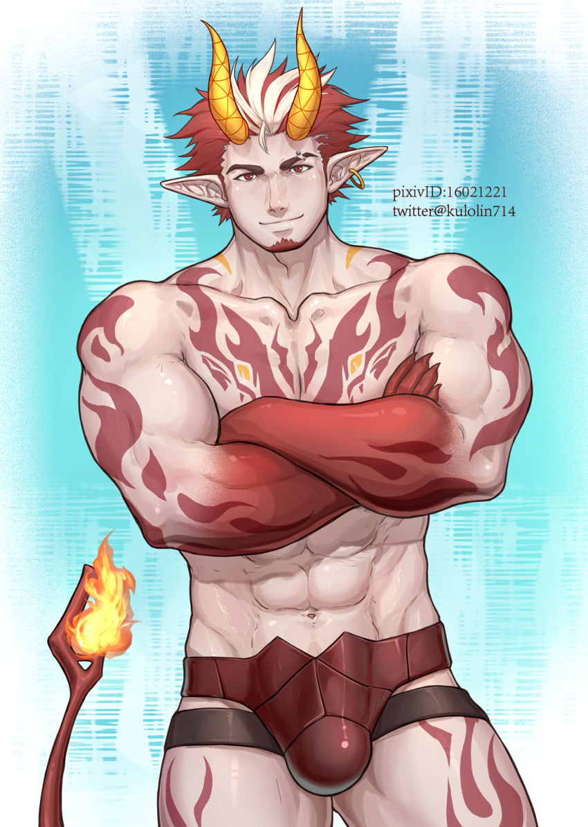 1boy abs bara biceps borrowed_character bulge colored_extremities colored_skin crossed_arms demon_boy demon_boy_(amaimochi) demon_horns demon_tail earrings eyebrow_cut eyebrow_piercing facial_hair feet_out_of_frame fingernails flame-tipped_tail flame_tattoo goatee gradient_skin highres hoop_earrings horns jewelry kulolin large_pectorals looking_at_viewer male_focus mature_male multicolored_hair muscular muscular_male navel original pectorals piercing pointy_ears red_hair red_skin sharp_fingernails short_hair sideburns single_earring solo stomach streaked_hair tail thighs topless_male white_hair