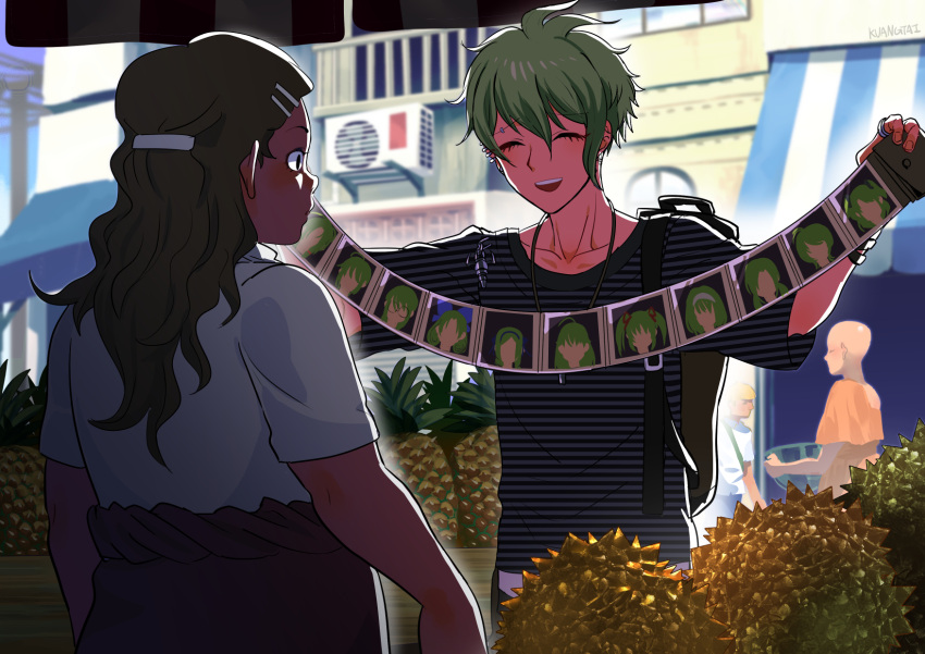 2boys :d air_conditioner amami_rantaro antenna_hair backpack bag bald blush brown_hair closed_eyes collarbone danganronpa_(series) danganronpa_v3:_killing_harmony dark-skinned_female dark_skin day durian facing_another female food from_behind fruit green_hair highres holding holding_photo jewelry kuangtai_(amami_ryoko) long_hair looking_at_another male_focus market market_stall multiple_boys necklace open_mouth outdoors photo_(object) pineapple shirt short_hair short_sleeves smile standing striped_clothes striped_shirt teeth upper_teeth_only white_shirt