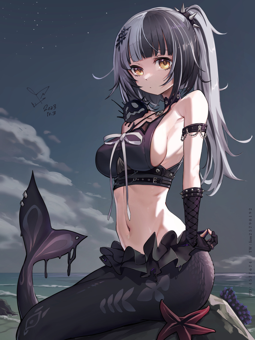 absurdres adapted_costume black_gloves black_hair black_sky breasts cloud commentary female fins gloves grey_hair hairband highres hololive hololive_english large_breasts md5_mismatch mermaid monster_girl monsterification multicolored_hair navel partially_fingerless_gloves ponytail qiaogun_damodao revision shiori_novella shiori_novella_(1st_costume) sidelocks sky spiked_hairband spikes split-color_hair virtual_youtuber water yellow_eyes yorick_(shiori_novella)