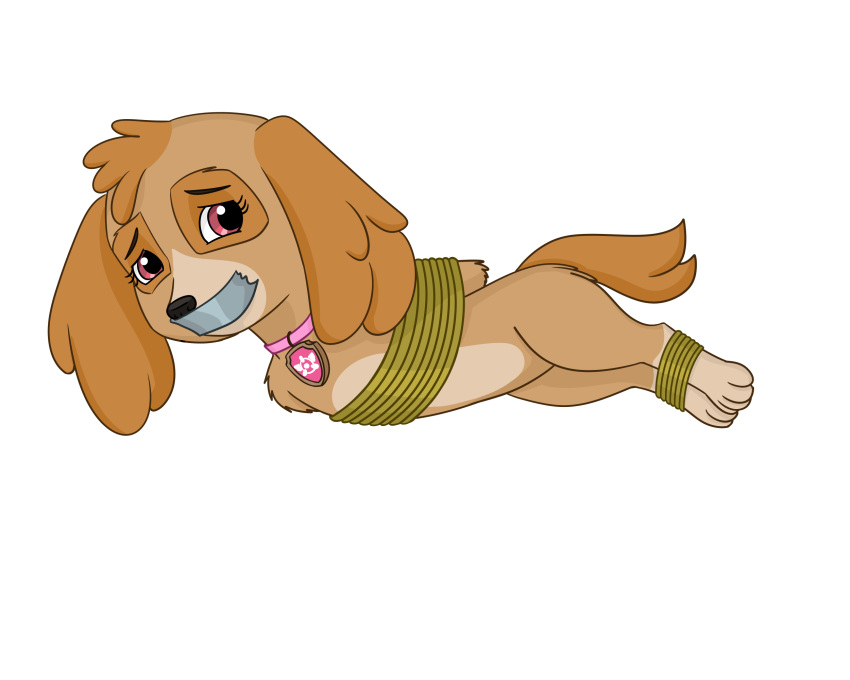 animal_focus artist_request bound canine collar eyelashes full_body highres kidnapped kidnapping lying no_humans non-web_source off-topic on_side paw_patrol pink_collar pink_eyes simple_background skye_(paw_patrol) solo source_request transparent_background