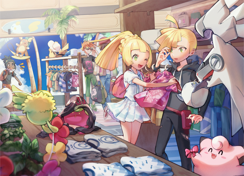 4boys ;d ahoge alolan_raichu baseball_cap blonde_hair blue_oak brother_and_sister clefairy clothed_pokemon clothes_hanger cloud comfey commentary_request day eating eyelashes female gladion_(pokemon) green_eyes green_pants hat hau_(pokemon) hood hood_down hoodie huan_li lillie_(pokemon) long_hair malasada mouth_hold multiple_boys one_eye_closed open_mouth orange_shorts palm_tree pants pikachu pleated_skirt pokemon pokemon_(creature) pokemon_sm ponytail red_(pokemon) red_bag red_headwear shelf shirt shoes shopping short_hair short_sleeves shorts siblings silvally skirt sky smile sun_hat t-shirt tongue tree unworn_shirt white_shirt white_skirt