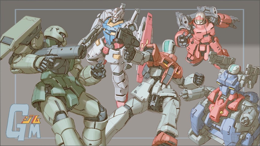 arm_cannon assault_visor beam_rifle blue_visor caterpillar_tracks character_name commentary energy_gun gm_(mobile_suit) green_eyes gun guncannon gundam guntank holding holding_gun holding_weapon kyouno_oyatuwa_udon mecha mobile_suit mobile_suit_gundam no_humans one-eyed open_hand orange_eyes redesign robot rx-78-2 science_fiction shield shoulder_cannon weapon zaku_ii