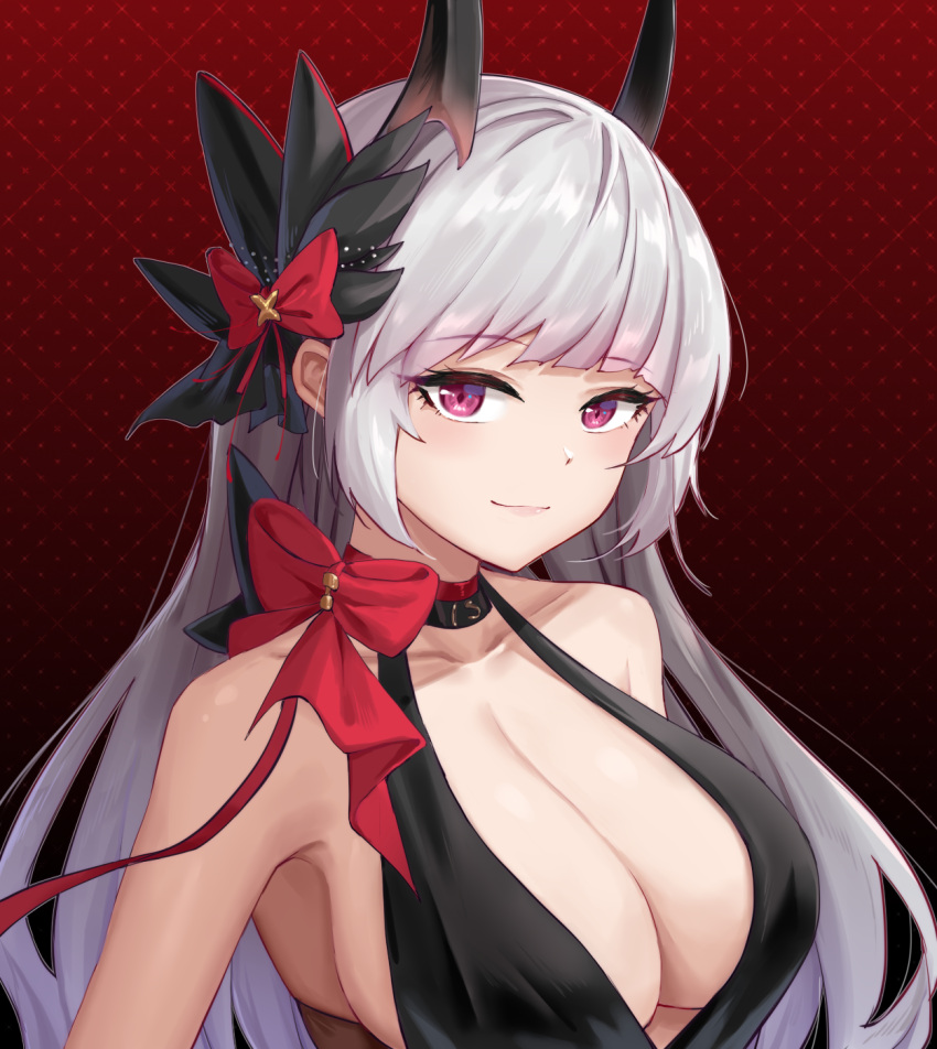 azur_lane bare_shoulders black_choker black_dress bow breasts choker cleavage closed_mouth collarbone dress female hair_ornament hairbow highres kafeifeifeifeifeifei_jiemo_jun large_breasts lips long_hair looking_at_viewer official_alternate_costume purple_eyes red_background red_bow smile solo upper_body white_hair yorck_(azur_lane) yorck_(breaker_under_the_blood_moon)_(azur_lane)