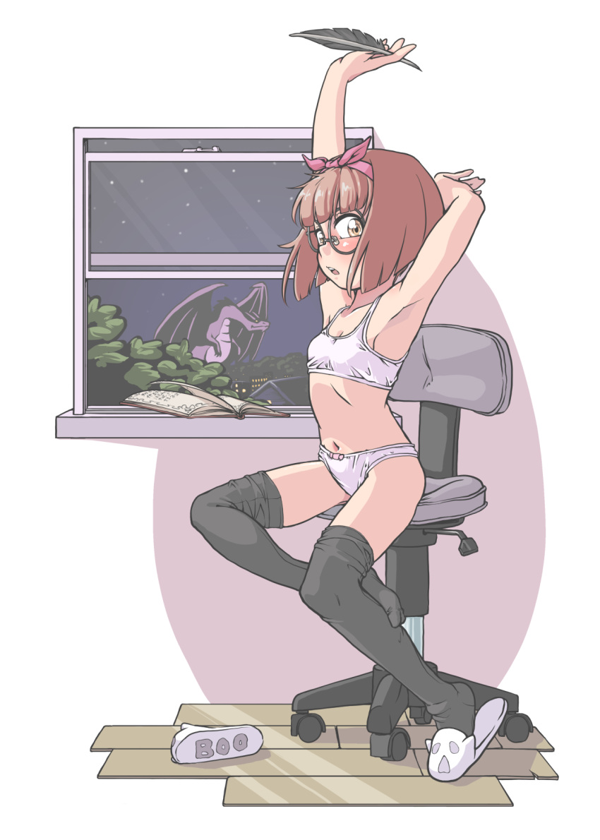 arm_above_head arm_behind_head armpits black_thighhighs blush bookmark bow bow_panties bra breasts brown_hair cardcaptor_sakura chair commentary_request dragon female glasses hairbow highres horns indoors jarv looking_at_viewer loose_thighhigh navel office_chair on_chair open_mouth panties pink_bow quill short_hair single_slipper sitting slippers small_breasts solo stretching swivel_chair thighhighs thighs tree underwear white_panties window wooden_floor yanagisawa_naoko