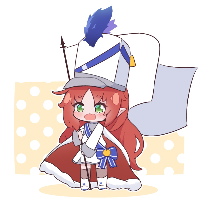 arknights cape chibi drum_major female flag full_body green_eyes hat holding holding_flag kurotofu long_hair long_sleeves myrtle_(arknights) myrtle_(light_gold_celebration)_(arknights) oerba_yun_fang official_alternate_costume open_mouth pointy_ears red_hair skin_fang smile solo standard_bearer standing thighhighs white_cape white_flag white_hat