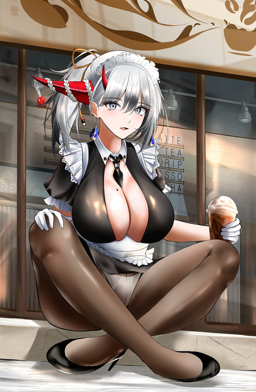 absurdres apron asymmetrical_horns azur_lane between_breasts black_dress black_footwear black_necktie blue_gemstone breasts brown_pantyhose center_opening cleavage crossed_legs cup disposable_cup dress earrings female frilled_apron frills full_body gem gloves hair_on_horn hairband hakuryuu_(azur_lane) hakuryuu_(slice_dice_and_serve)_(azur_lane) high_heels highres holding holding_cup horns huge_breasts jewelry looking_at_viewer maid_headdress mismatched_horns mole mole_on_breast necktie necktie_between_breasts official_alternate_costume outdoors panties panties_under_pantyhose pantyhose pantyshot red_horns shoes short_sleeves sitting solo suji_7772 underwear white_apron white_eyes white_gloves white_hair white_hairband white_horns white_panties window