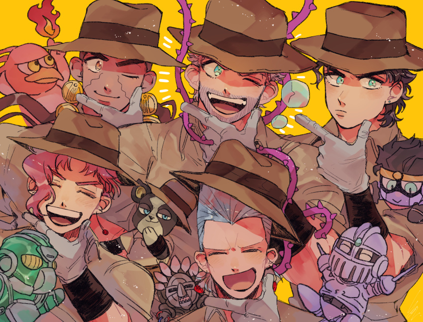 5boys ^_^ age_difference bad_id bad_pixiv_id black_hair blue_eyes bubble canine chibi chibi_inset closed_eyes collared_shirt cosplay expressionless facial_hair gloves green_eyes grey_hair happy hariwo20 hat hermit_purple hierophant_green highres iggy_(jojo) jean_pierre_polnareff jojo_no_kimyou_na_bouken joseph_joestar joseph_joestar_(old) joseph_joestar_(old)_(cosplay) kakyoin_noriaki kujo_jotaro long_hair looking_at_viewer magician's_red male_focus medium_hair mohammed_avdol multiple_boys old old_man one_eye_closed open_mouth pose red_hair shirt short_hair silver_chariot smile smug stand_(jojo) star_platinum stardust_crusaders the_fool white_hair yellow_background yellow_eyes