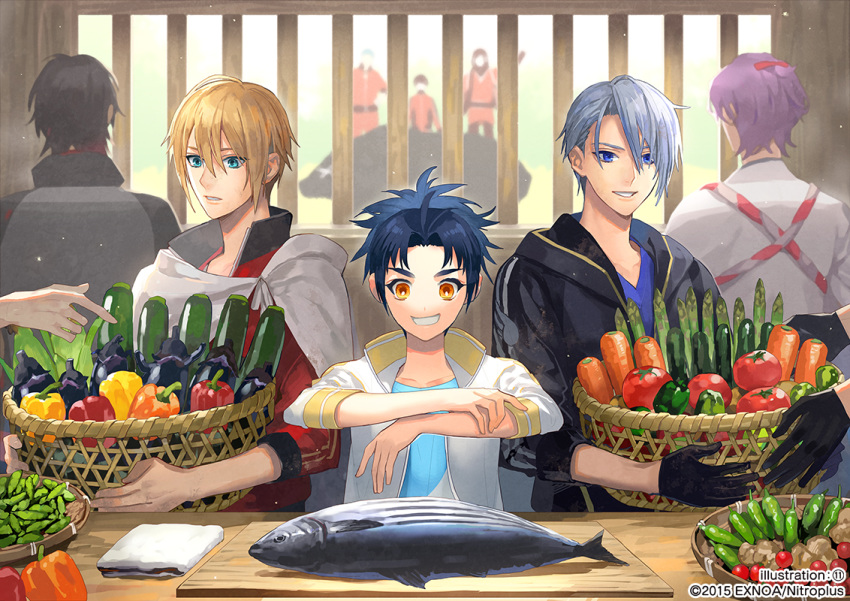 6+boys alternate_hairstyle aqua_eyes aqua_hair asparagus basket bell_pepper black_gloves black_hair blonde_hair blue_eyes blue_hair blurry blurry_background carrot commentary_request corn cucumber cutting_board eggplant fish gloves grey_hair horikawa_kunihiro izumi-no-kami_kanesada jacket kasen_kanesada male_focus multiple_boys official_art orange_pepper ponytail purple_hair red_pepper shokudaikiri_mitsutada sleeves_rolled_up smile taikogane_sadamune toichi_(ik07) tomato touken_ranbu track_jacket yamabushi_kunihiro yamanbagiri_chougi yamanbagiri_kunihiro yellow_eyes yellow_pepper